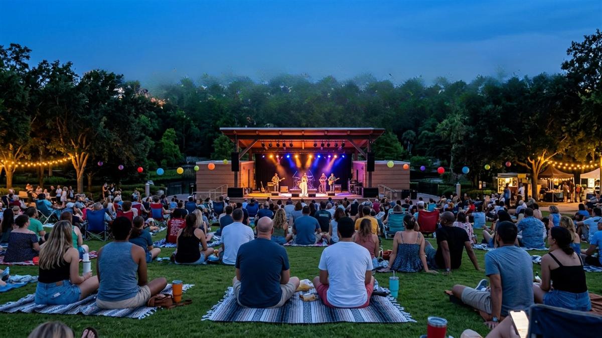 Rendering of an evening concert at an open-air venue in St. Pete Commons, with families on blankets, string lights, and a small kiosk among the trees.