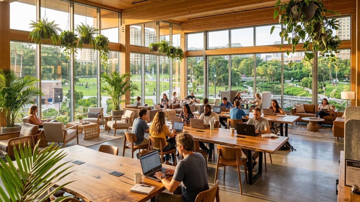 Rendering of people working and reading at shaded tables in St. Pete Commons.