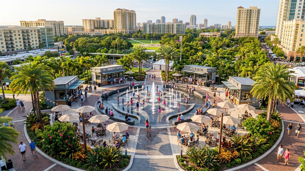 Rendering of a fountain plaza at St. Pete Commons lined with ground-floor shops and sidewalk cafés.