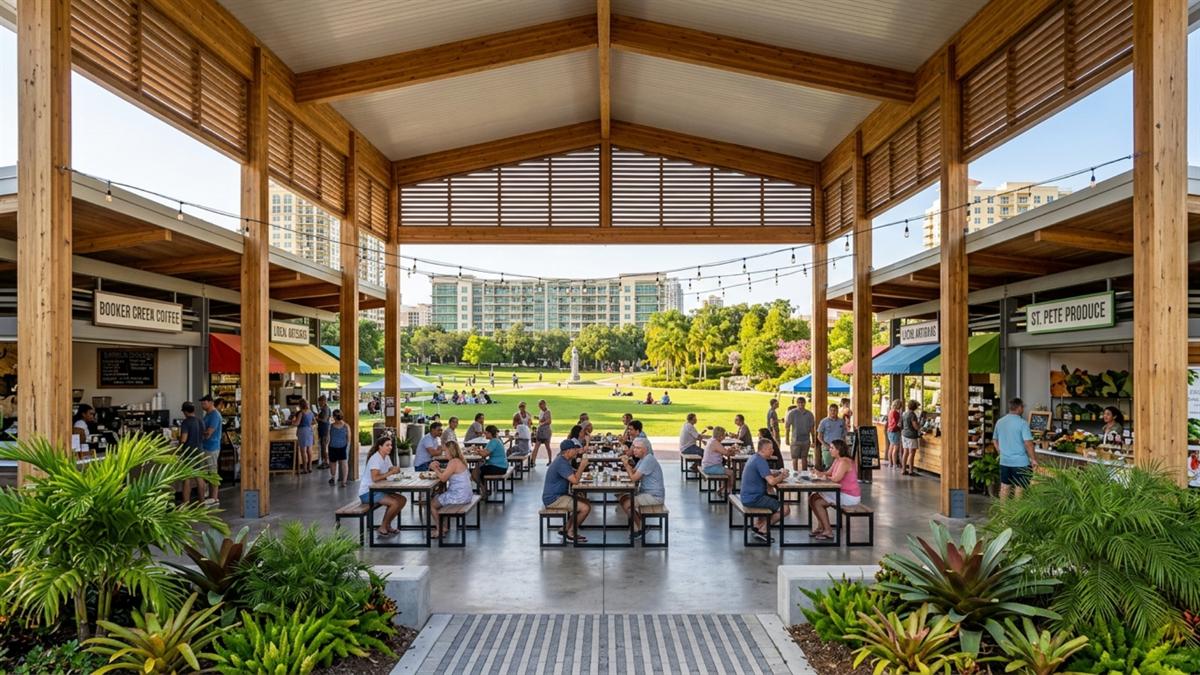 Rendering of neighbors gathered at a gazebo in St. Pete Commons for a community event.