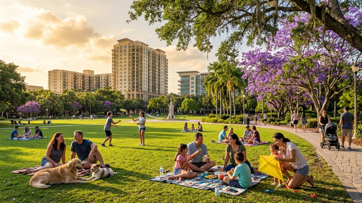 Rendering of a wide open lawn at St. Pete Commons with families relaxing under live oaks and palms.
