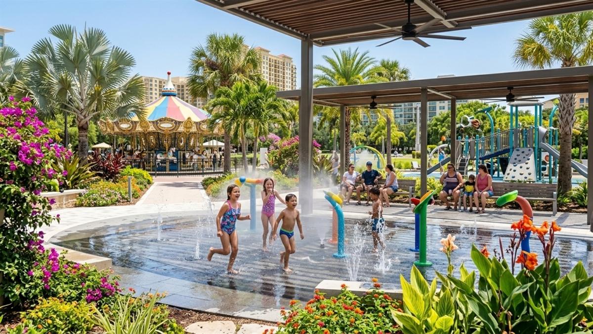 Rendering of children playing in splash fountains at St. Pete Commons on a sunny day.