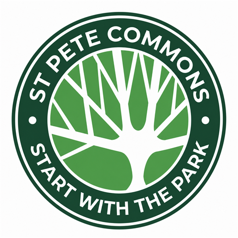 St. Pete Commons, Start With the Park. Circular badge with white live oak branches on a green field.