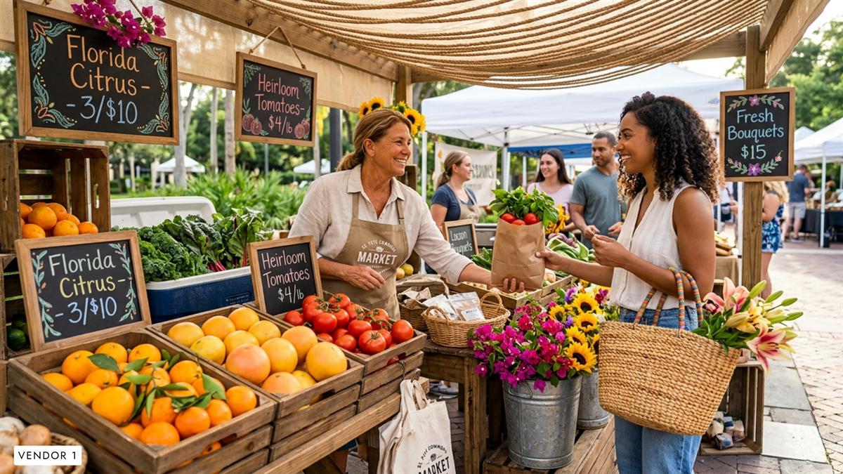 Rendering of a farmers market with tents and local vendors at St. Pete Commons.