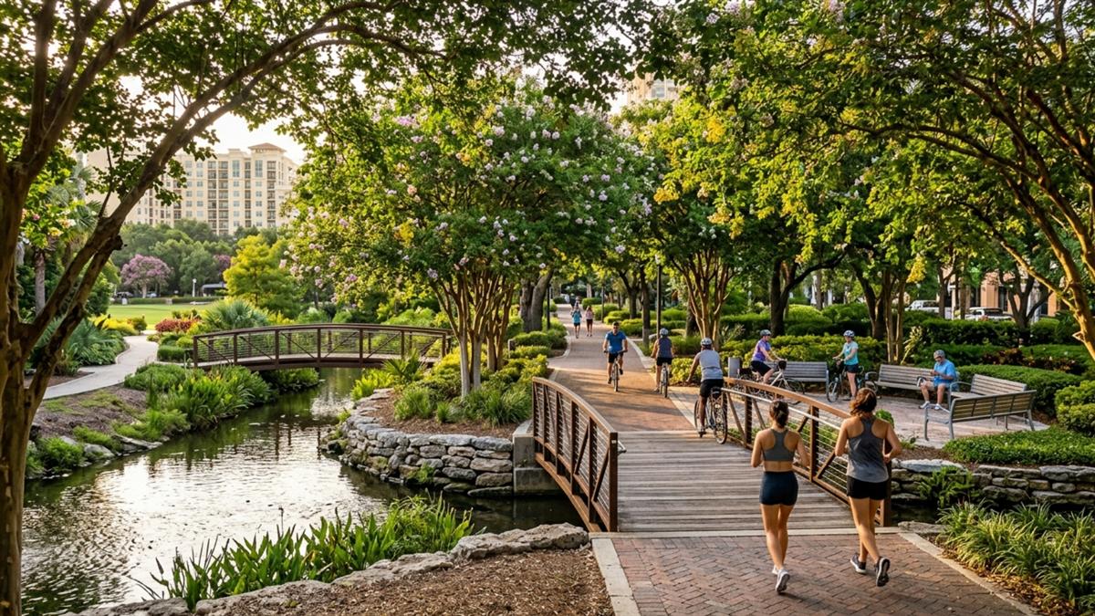 Rendering of shaded walking and biking trails winding through St. Pete Commons.